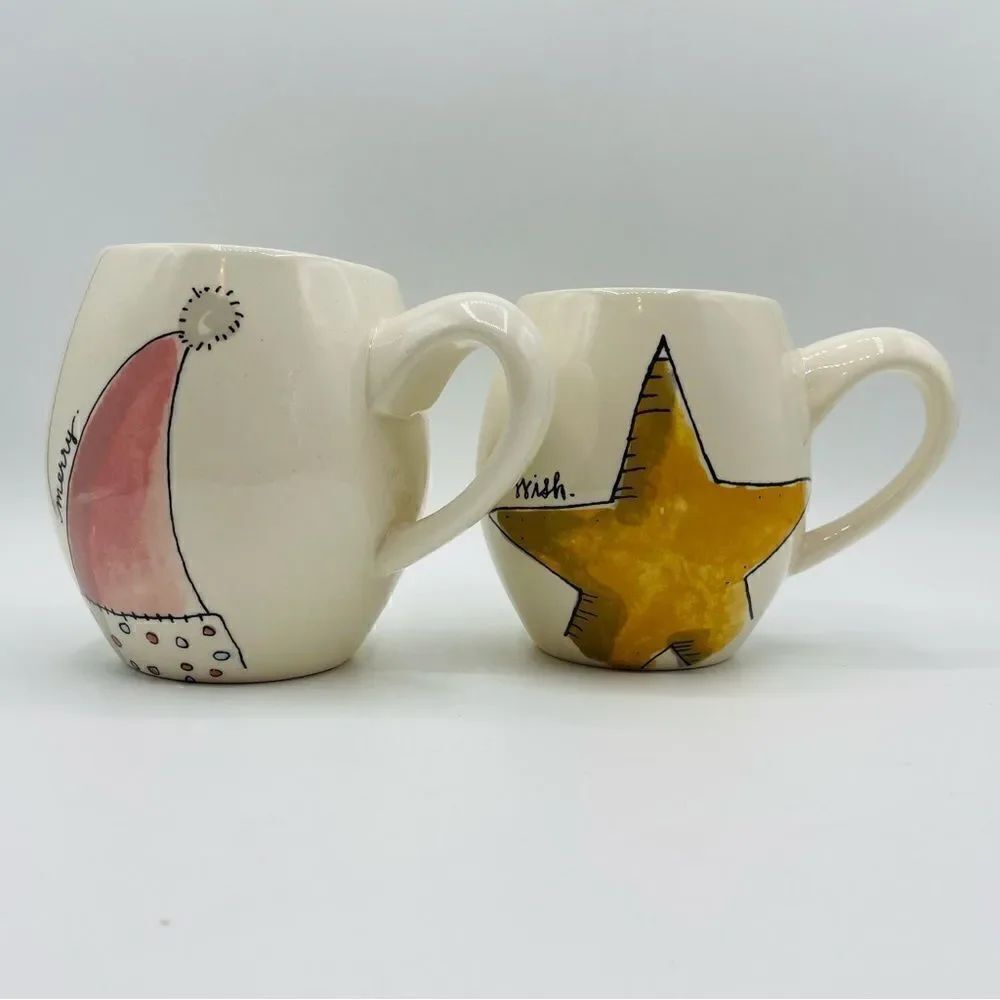 Set of 2 Rae Dunn Christmas Holiday Mugs Wish Merry